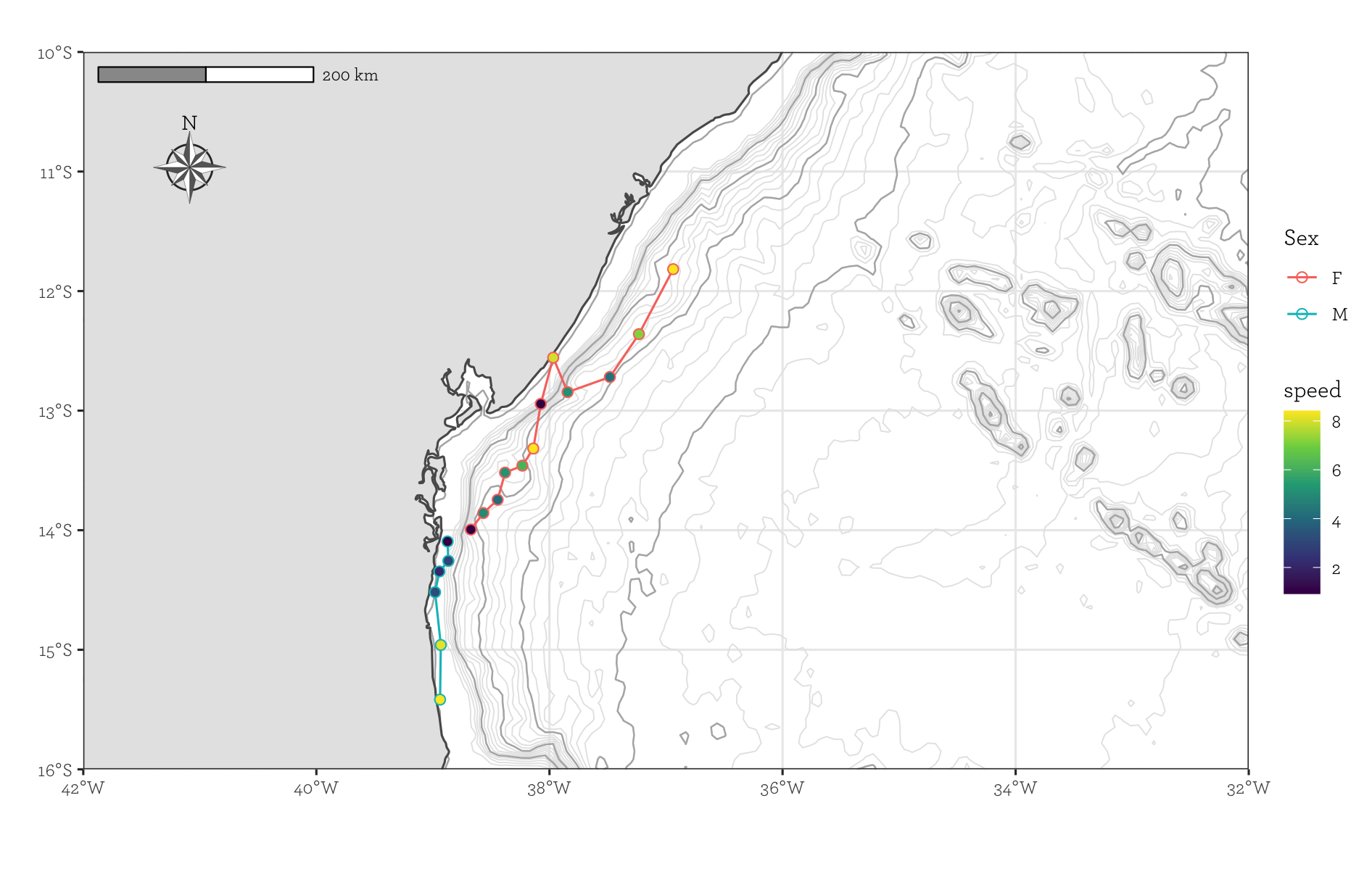 Exemple de carte produite dans R avec les packages sf, marmap et ggplot2.