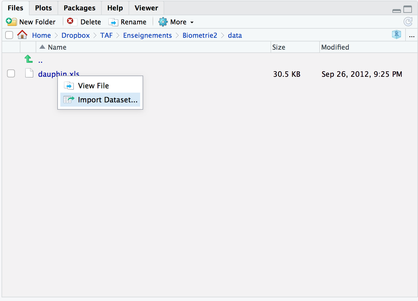 L'option `Import Dataset...` dans la fenêtre `Files` de RStudio