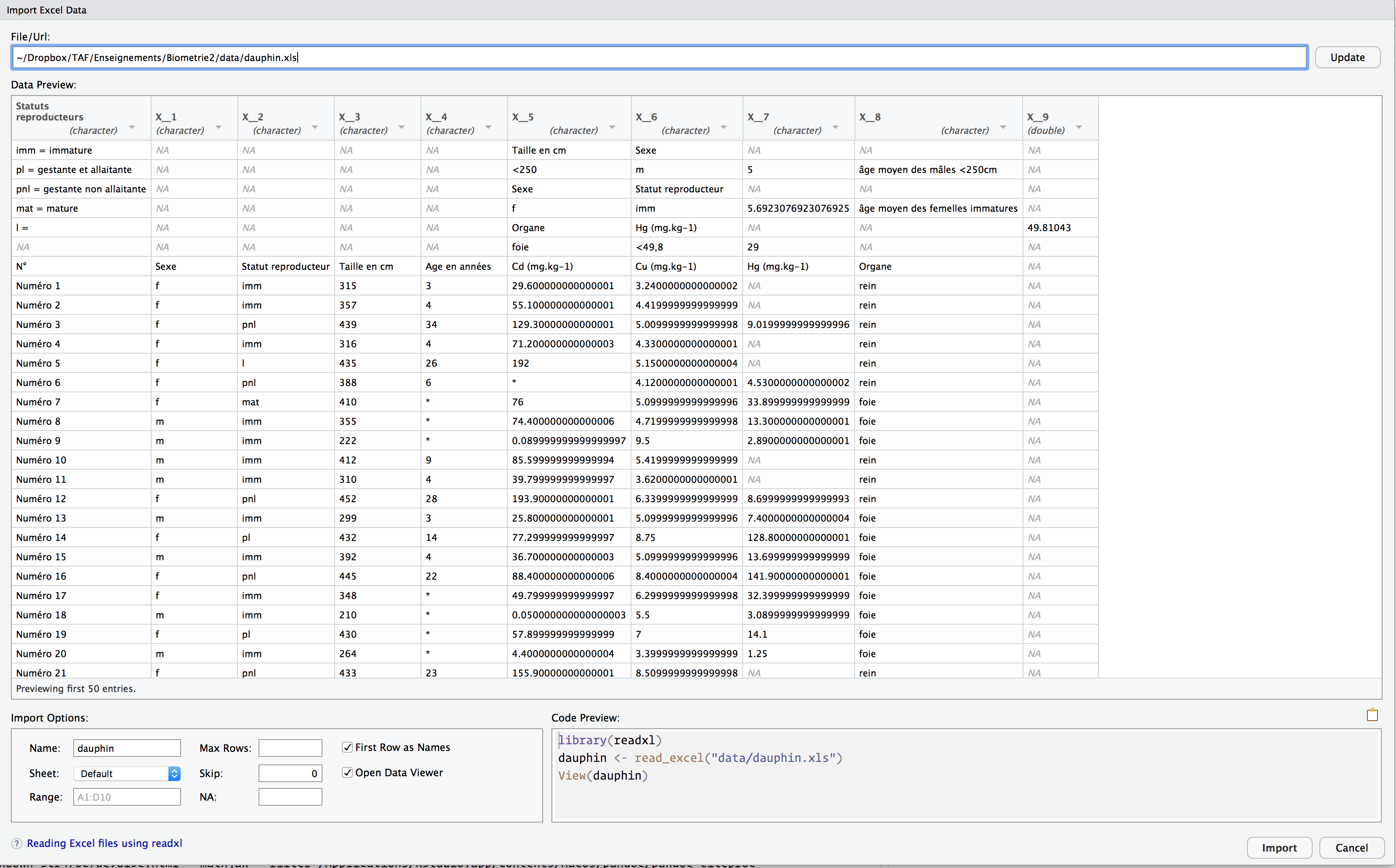 L'assistant d'importation de RStudio